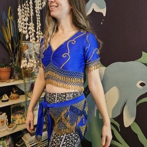 Elegant Blue and Gold Beaded Belly Dance Top with Belt